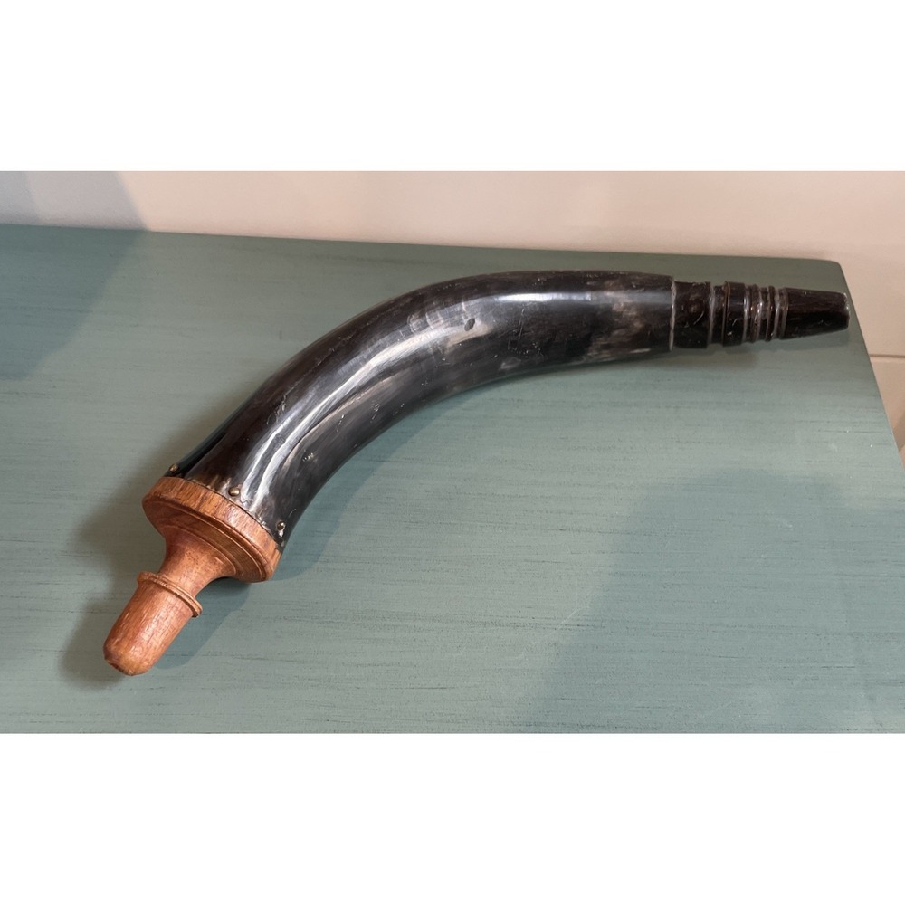 Vtg Black Powder Horn 14" Long-Genuine Made In India